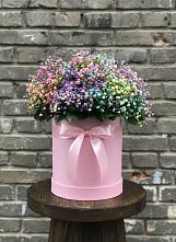 Цветочная композиция из Гипсофила и Розы в шляпной коробке в Ботово