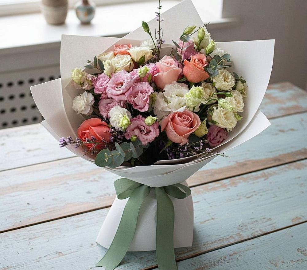 Букет цветов из: Розы, Лизиантусы и Гвоздики в Ботово