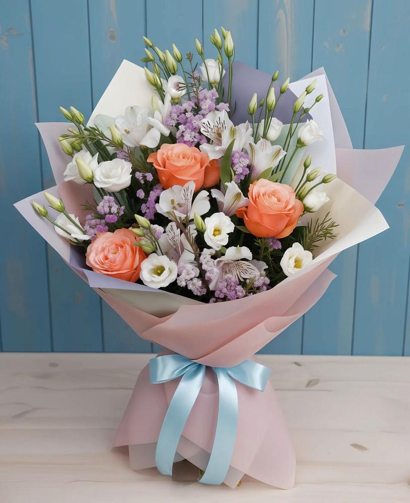 Букет цветов из: Лизиантусы, Розы, Альстромерии и Гипсофила в Ботово